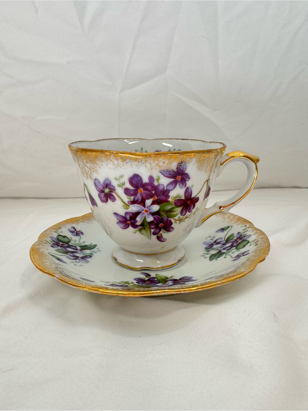 Vintage Purple Violet Teacup Saucer Set Gold Trim, Unmarked, Fine China, Cottage